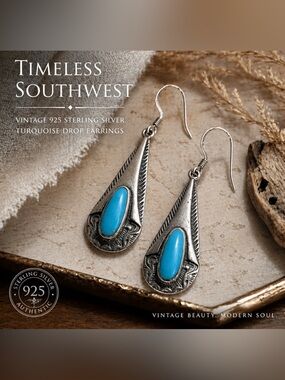 Sterling Silver Turquoise Southwest Drop Earrings 925 Vintage Boho